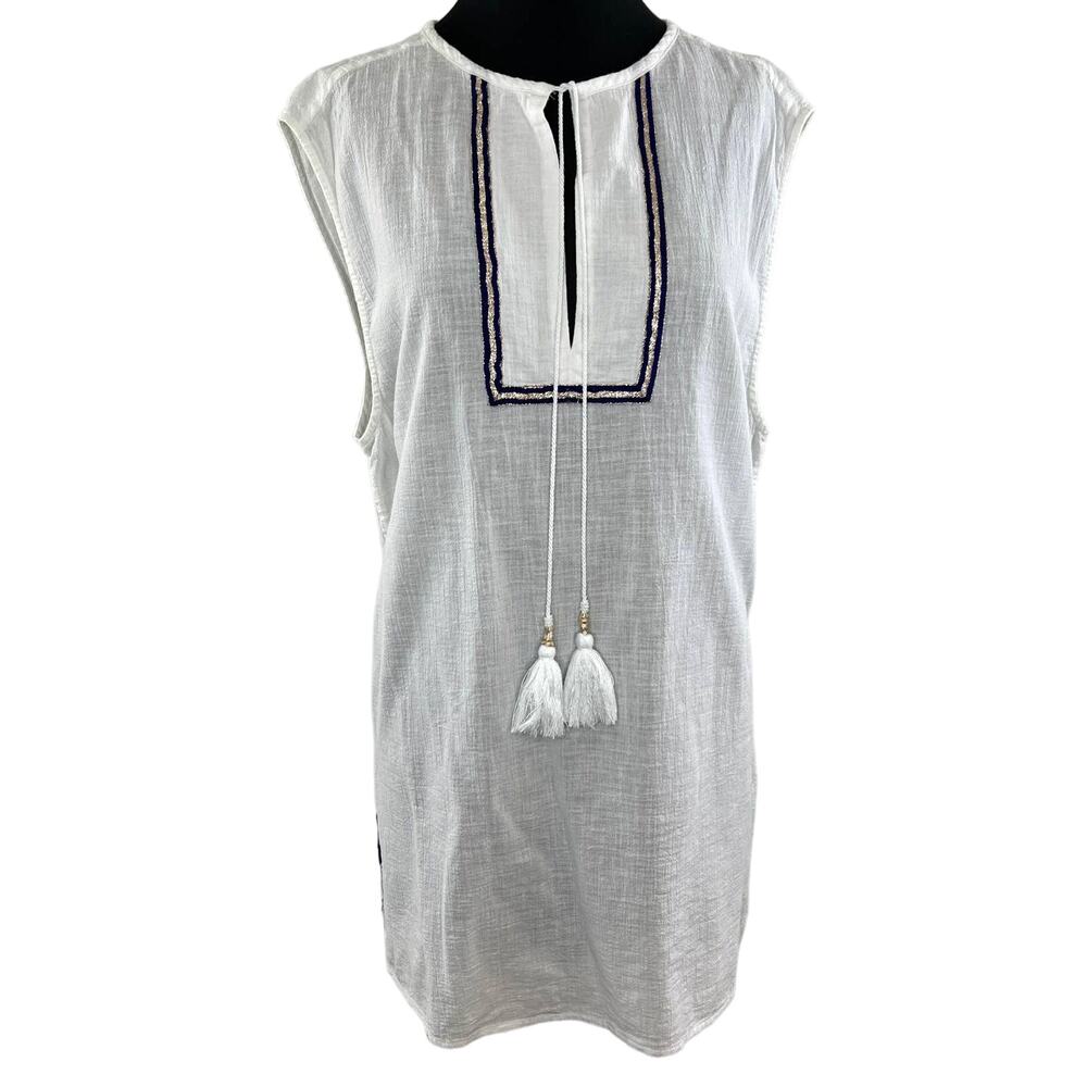 J Crew White Sleeveless Tassel Cotton Cover Up Beach Tunic Dress XL X-Large